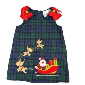 Rare Edition Girls Christmas Dress Plaid Santa Reindeer Bows Green Blue Red
